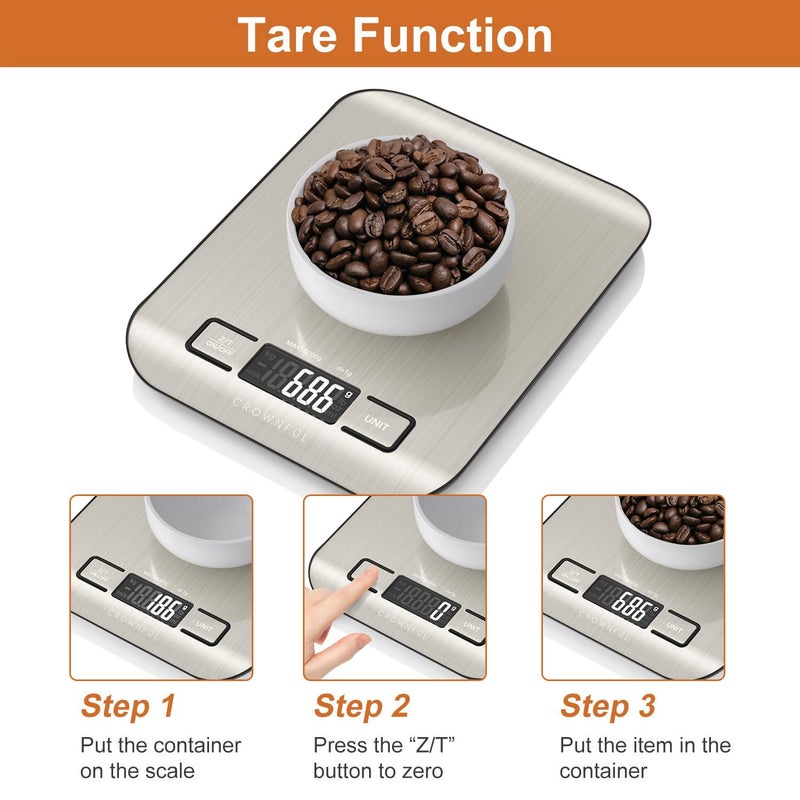 Crownful Food Scale, 11 lb Digital Kitchen Scales with Built-in Coin Battery, Weight Ounces and Grams for Cooking and Baking, 6 Units with Tare Function, LCD Display, 304 Stainless Steel - Image 5